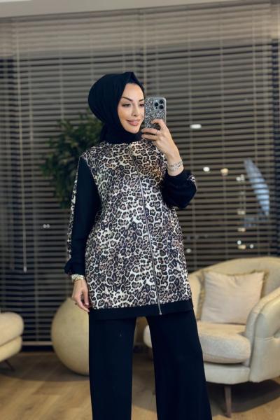 02-2729 Üst Leopar Üstü Taş Baskılı Takım Leopar