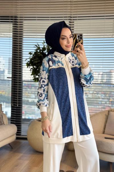 02-2787 Roba Ve Kolu Batik Desen Takım Ekru İndigo