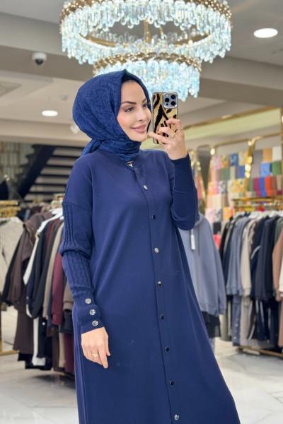 048 Eteği Volanlı Çıtçıtlı Uzun Hırka Lacivert