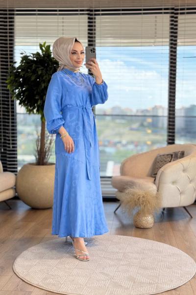 05-1539 Kendinden Desenli Elbise Mavi
