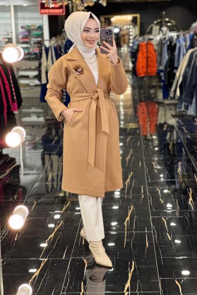 06-1064 Kaşe Kısa Düğmesiz Kaban Camel