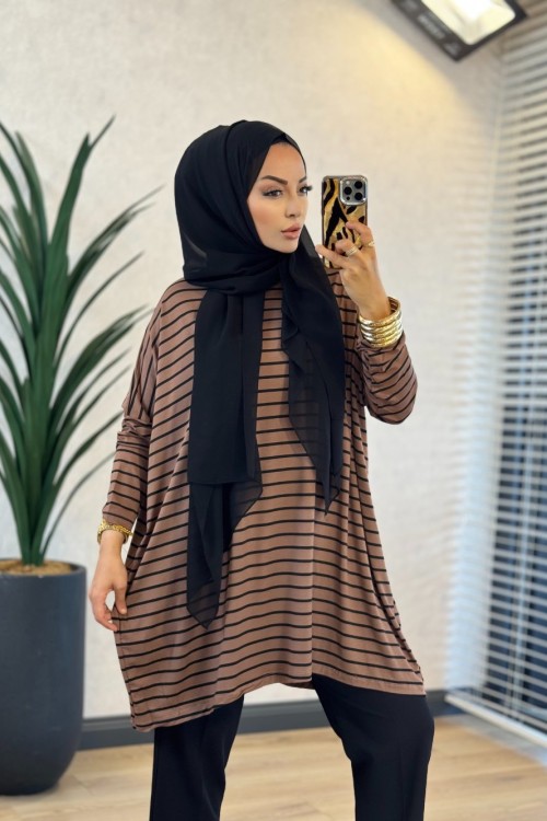 0723 Geniş Çizgili Tunik Kahve