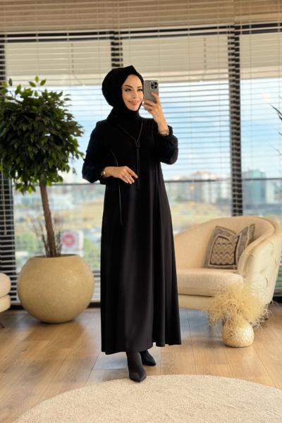 08-1625 Ön Deri Biyeli Elbise Siyah