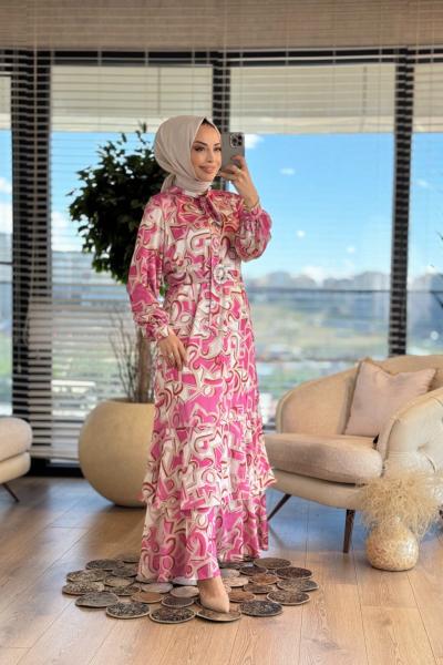 08-1705 Karışık Harf Desenli Elbise Pembe