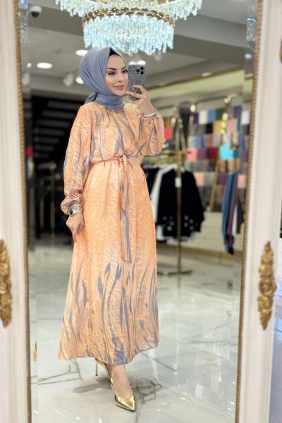 08-1713 Desenli Yakası Taş İşlemeli Elbise Oranj