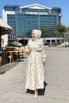 08-1882 Puan Desenli Elbise Ekru Sarı