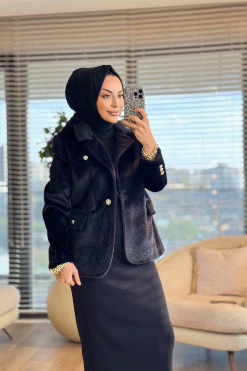 1005252 Tilki Tüylü Blazer Ceket Siyah
