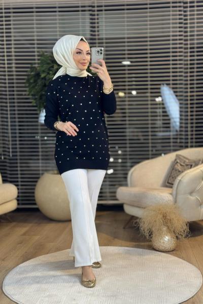 101007 Baklava Desenli Droplu Triko Tunik Siyah