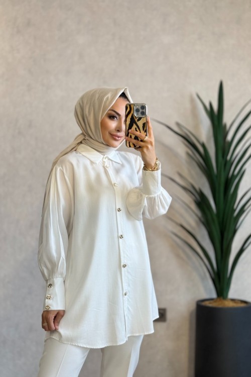 1012-4 Lyocel Metal Düğmeli Tunik Beyaz