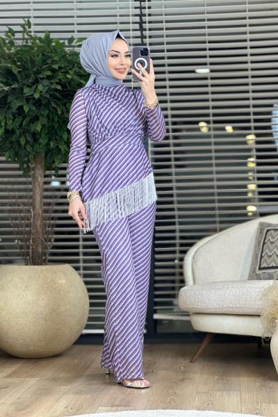 1022 Begüm Etek Ucu Saçaklı Takım Mor