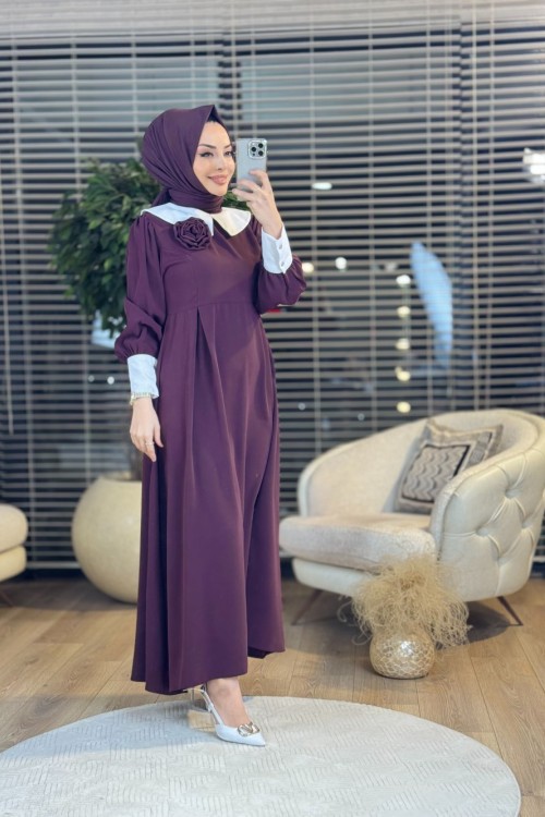 1042 Bebe Yaka Çiçek Broşlu Elbise Bordo