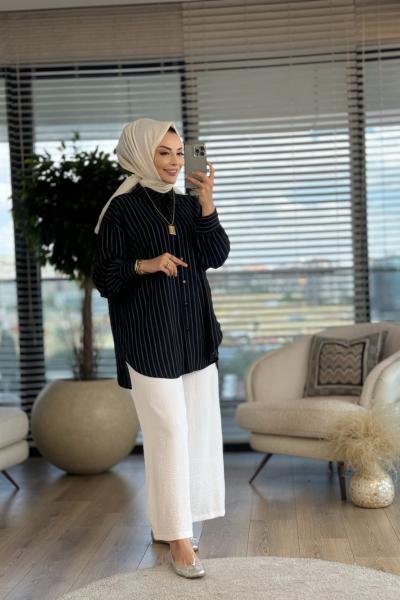 105 Kendinden Çizgili Gömlek Siyah