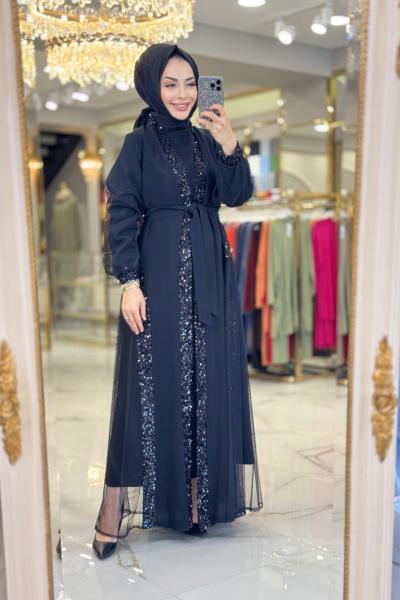 10602 Payet Ve Şifon Detaylı 2li Takım Siyah