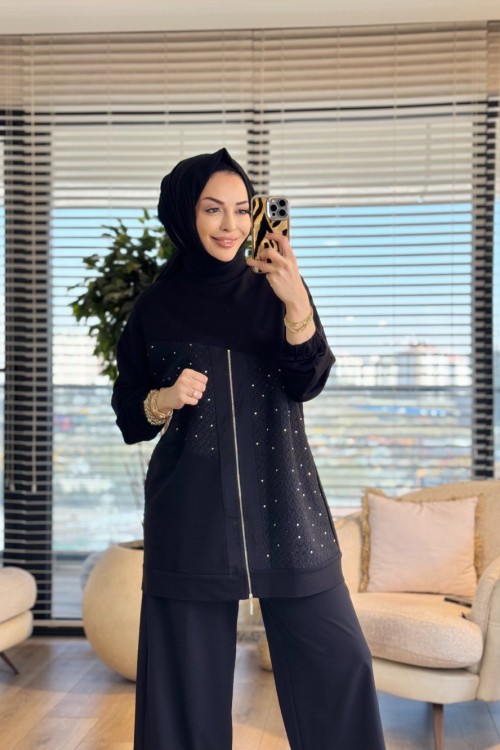 10679 Önü Petek Desen Parçalı Fermuarlı Tunik Siyah