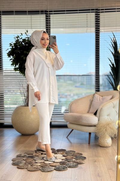 10689 Yakası Şal Parçalı Gömlek Ekru