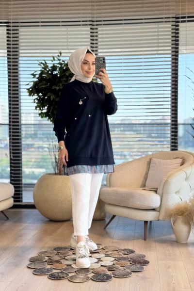 10720 Etek Ucu Çizgi Parçalı Tunik Lacivert