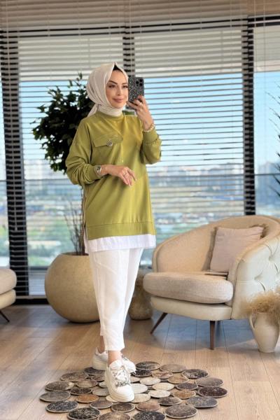 10720 Etek Ucu Çizgi Parçalı Tunik Yağ Yeşili