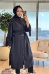 10753 Manşeti Kuşaklı Uzun Ön Düğmeli Tunik Siyah