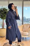10753 Manşeti Kuşaklı Uzun Ön Düğmeli Tunik Lacivert