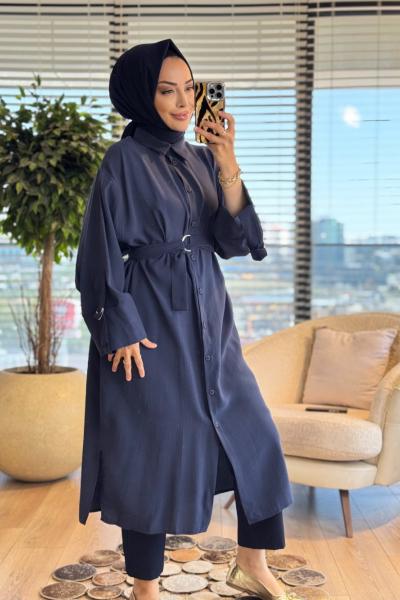 10753 Manşeti Kuşaklı Uzun Ön Düğmeli Tunik Lacivert