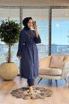 10753 Manşeti Kuşaklı Uzun Ön Düğmeli Tunik Lacivert