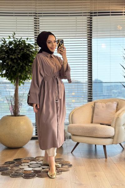 10753 Manşeti Kuşaklı Uzun Ön Düğmeli Tunik Vizon