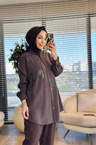 10763 Cep Üstü Broş İşli Gömlek Kahve