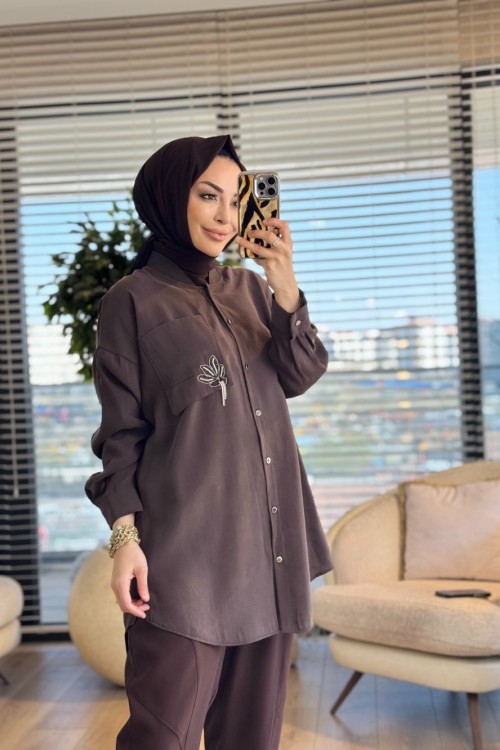 10763 Cep Üstü Broş İşli Gömlek Kahve