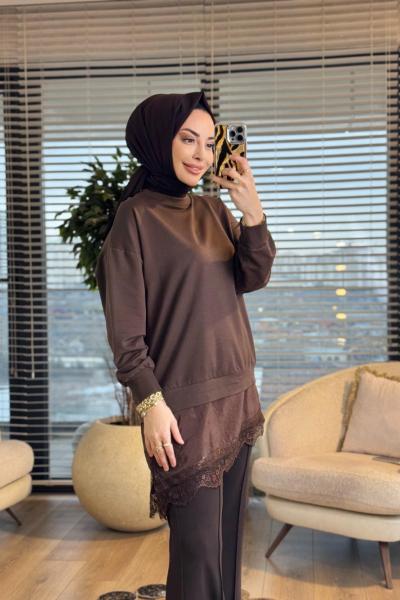 10766 Etek Ucu Dantelli Tunik Kahve