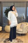 10766 Etek Ucu Dantelli Tunik Ekru