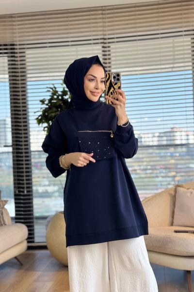 10678 Ön Parça Ve Fermuar Detaylı Tunik Lacivert