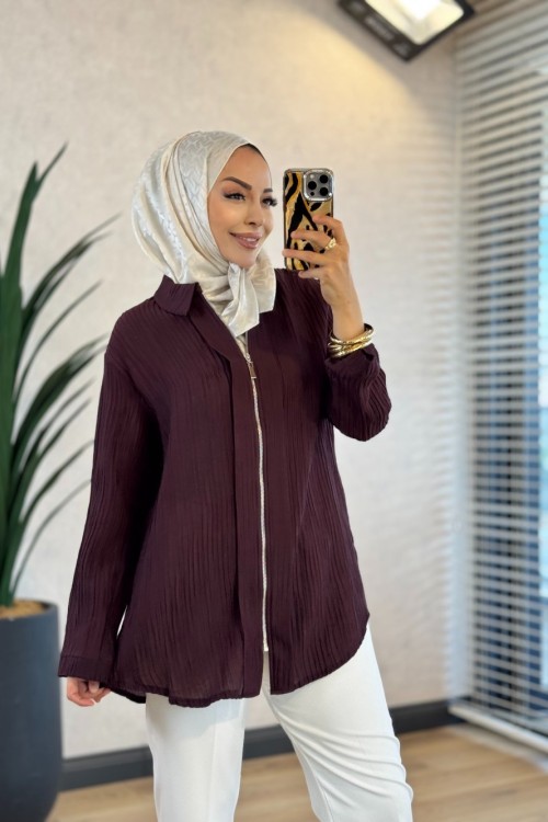 10775 Bürümcük Kumaş Fermuarlı Gömlek Mürdüm