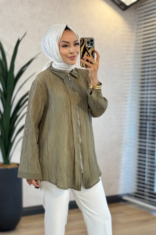 10775 Bürümcük Kumaş Fermuarlı Gömlek Haki