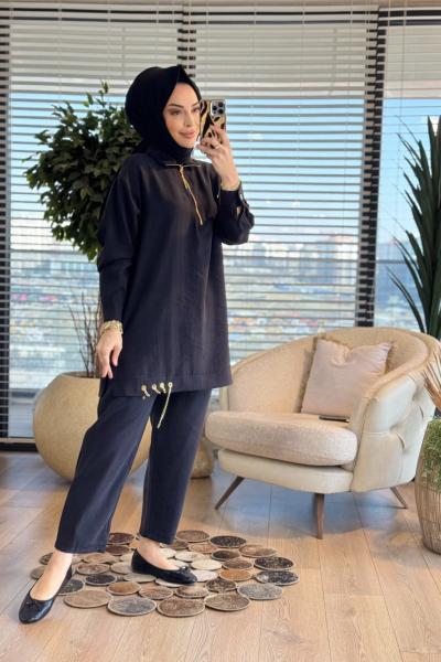 10900 Patı Fermuarlı Eteği Zincirli Pantolon Takım Siyah