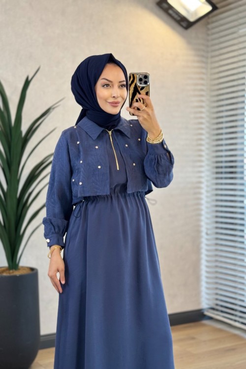 11240 Robası Parça Üstü Taş İşlemeli Elbise Lacivert