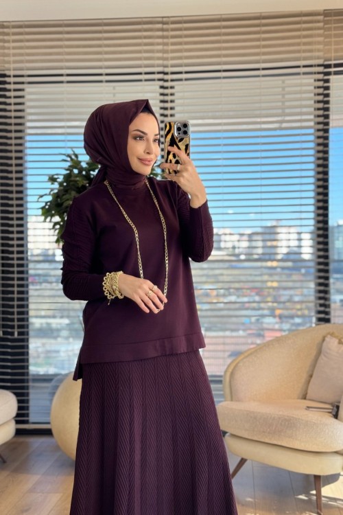 114 Etek Ve Kolu Balık Sırtı Desenli Takım Mürdüm
