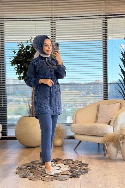 1204 Önü Kendinden Desenli Takım Lacivert