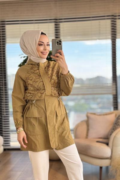 1234 Roba Şifon Parça Detaylı Kap Yağ Yeşili