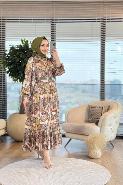 1243 Saten Desenli Eteği Fırfırlı Elbise Yağ Yeşili