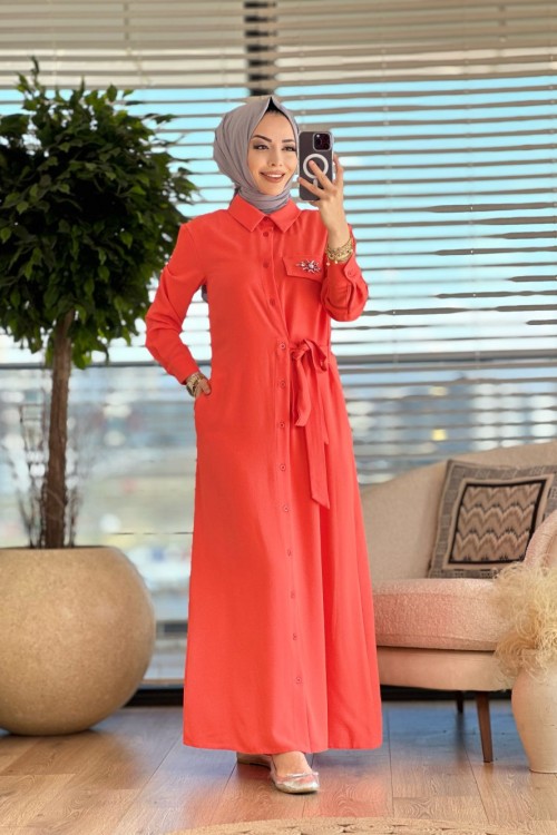 12504 Yand.Bağlamalı Cep Kapağı Taş İşlemeli Elbise Mercan