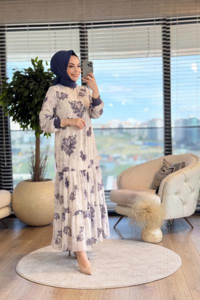 12605 Şifon Üstü Batik Desenli Elbise Antrasit