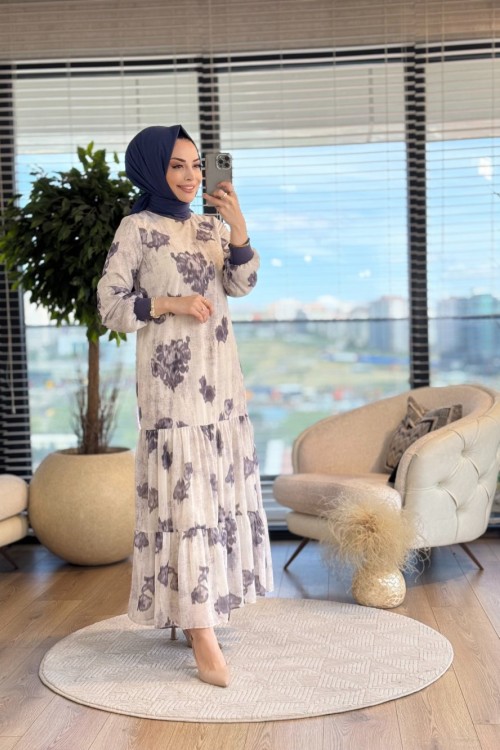 12605 Şifon Üstü Batik Desenli Elbise Antrasit