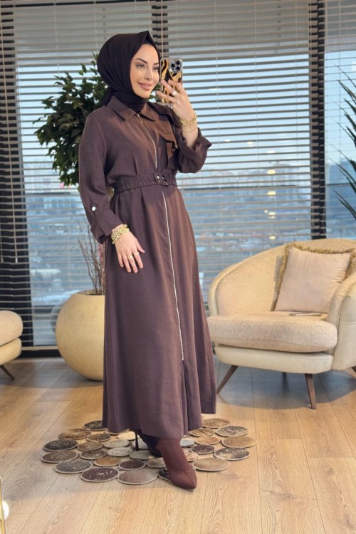 12667 Önü Fermuarlı Tek Cepli Elbise Kahve