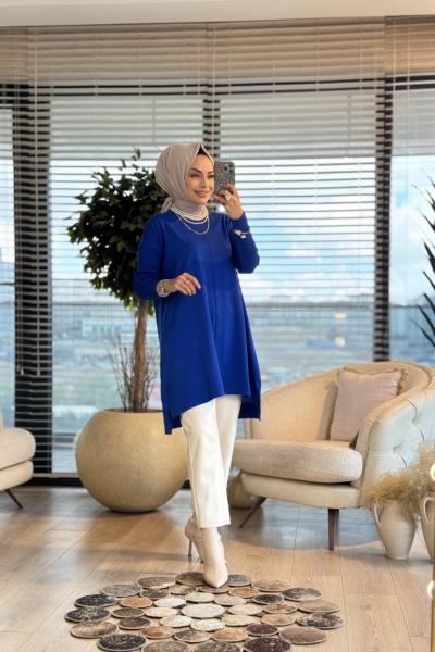 127 Kolları Lastik Örgü Triko Tunik Saks