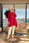 127 Kolları Lastik Örgü Triko Tunik Kırmızı