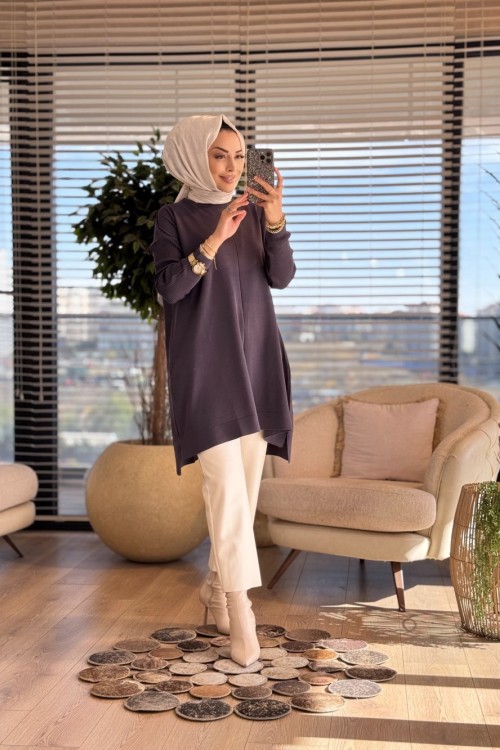 127 Kolları Lastik Örgü Triko Tunik Antrasit