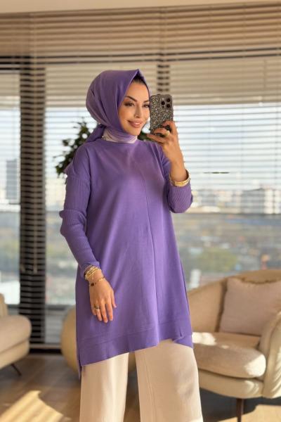 127 Kolları Lastik Örgü Triko Tunik Lila