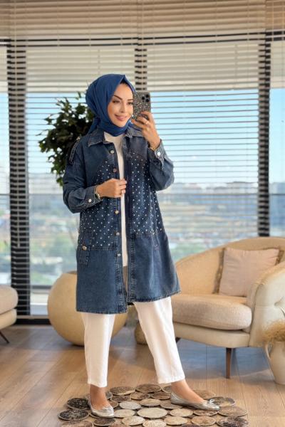 127500 Serpme Taş İşlemeli Kot Gömlek Mavi