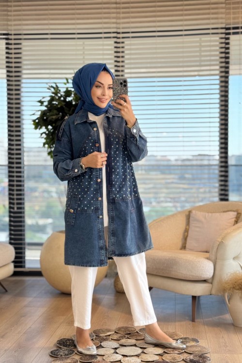 127500 Serpme Taş İşlemeli Kot Gömlek Mavi