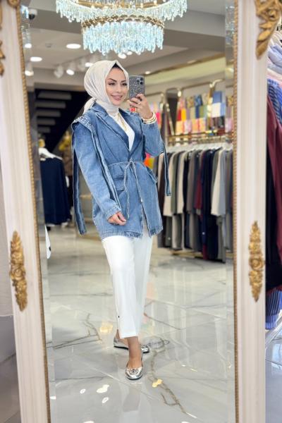 128500 Omuzları Taş Detaylı Kot Ceket Mavi